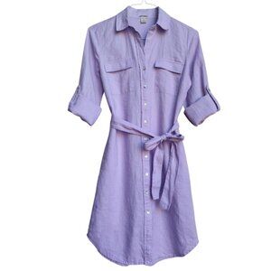 MAGASCHONI NWOT Lavender Linen Button Front Belted Roll Sleeve Shirt Dress S/P